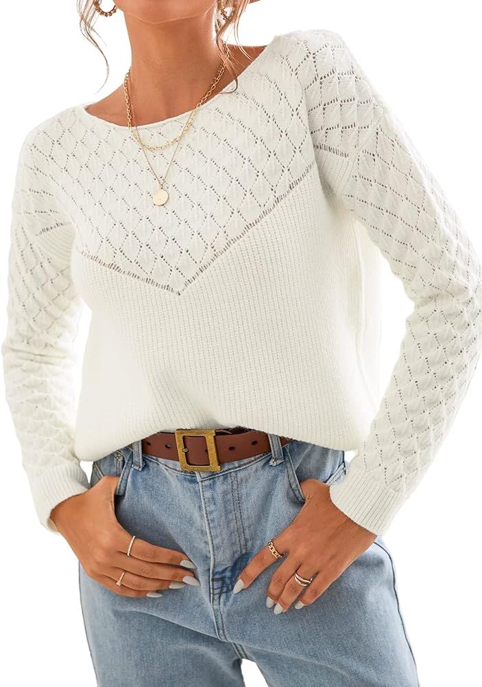 CUPSHE Womens Long Sleeve Pullover Sweater Solid Fall Winter Casual Cutout Crochet Sweater | Amazon (US)