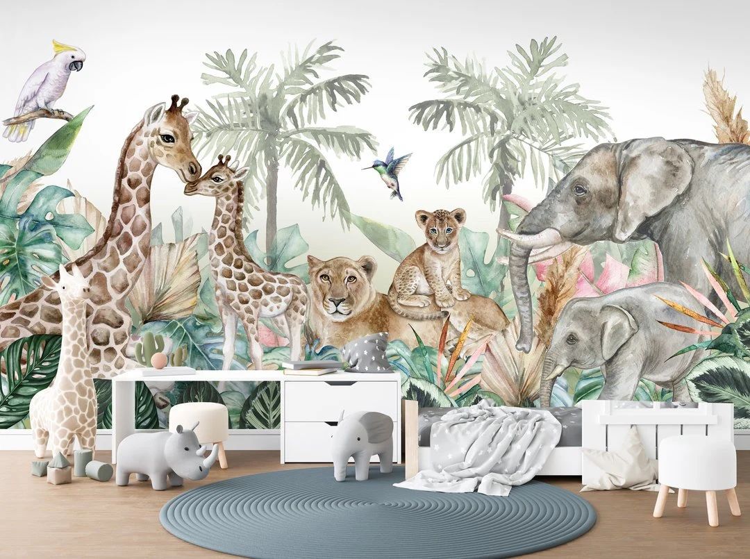 NEW! Peel and Stick Jungle Safari Animals Nursery Baby Removable and traditional Wallpaper - Lion... | Etsy (US)