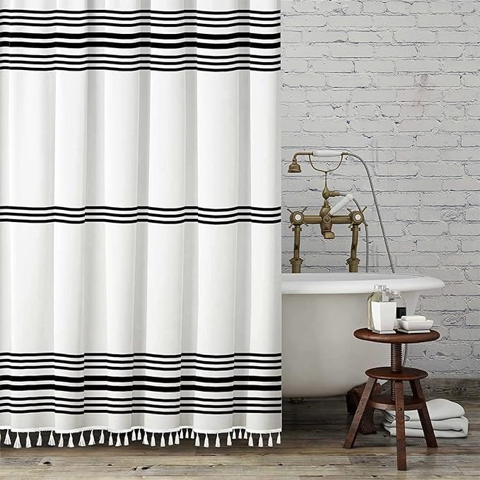 Seasonwood Black and White Shower Curtain with Tassels,Farmhouse Shower Curtain,Fabric Shower Cur... | Amazon (US)
