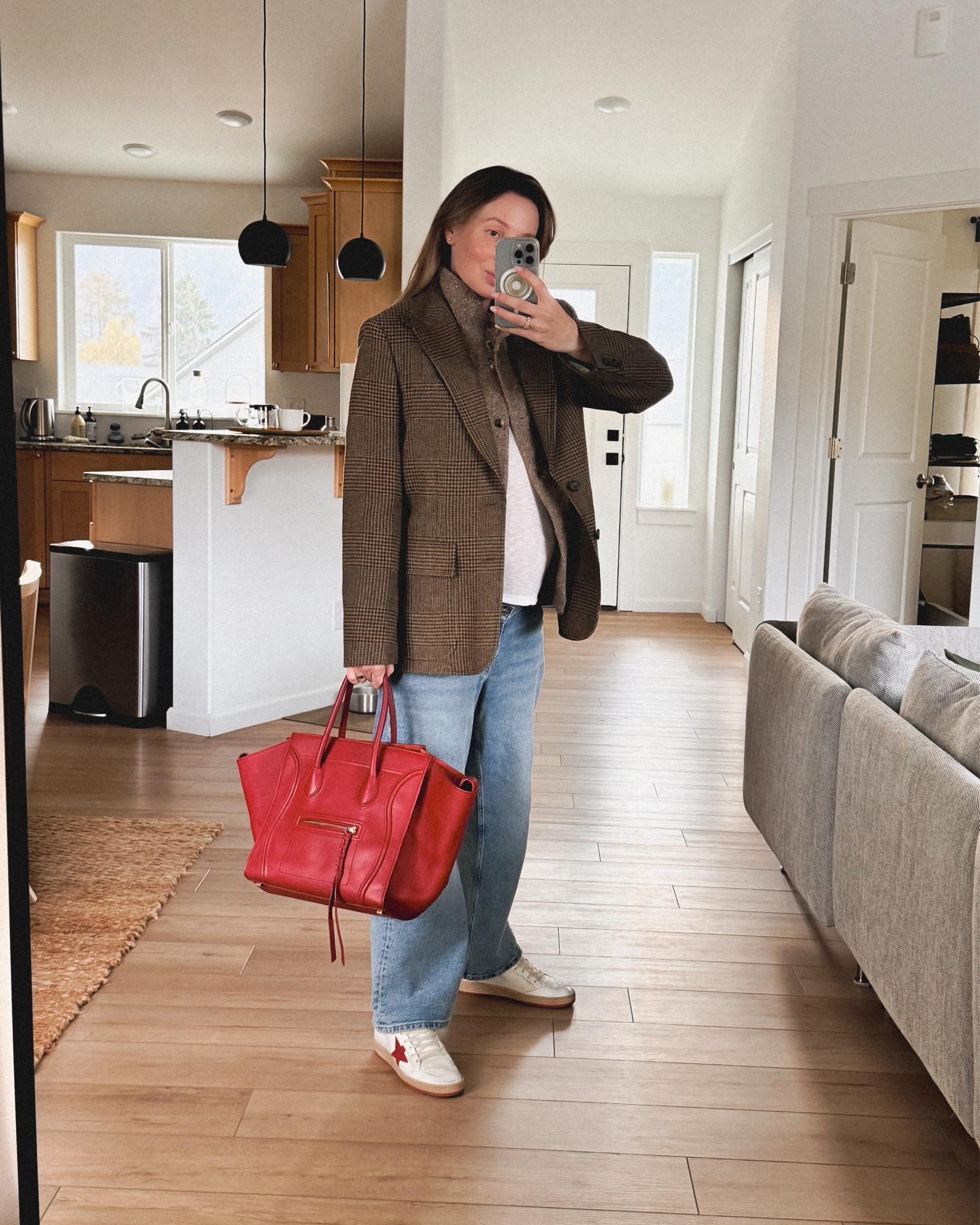 OOTD: nearing my 29th week of pregnancy wearing H&M maternity jeans, Golden goose ball star sneakers, James Perse long sleeve club crew tee, Sézane cardigan for extra warmth, Polo Ralph Lauren checked wool blazer & Celine phantom luggage medium tote from Celine Fall 2013 in Red coquelicot / poppy (just got it from The Real Real!)

#LTKBump #LTKStyleTip #LTKSeasonal