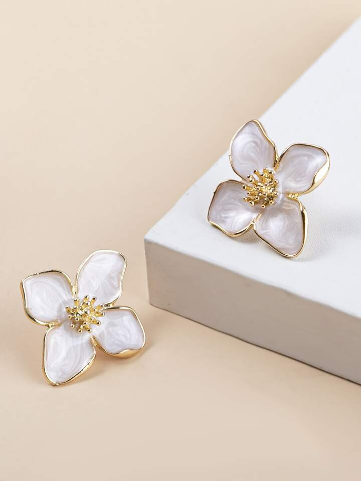 1pair Colorful Oil Drip Four-petal Flower Design Stud Earrings For Women, Daily Wear, Simple, Ver... | SHEIN