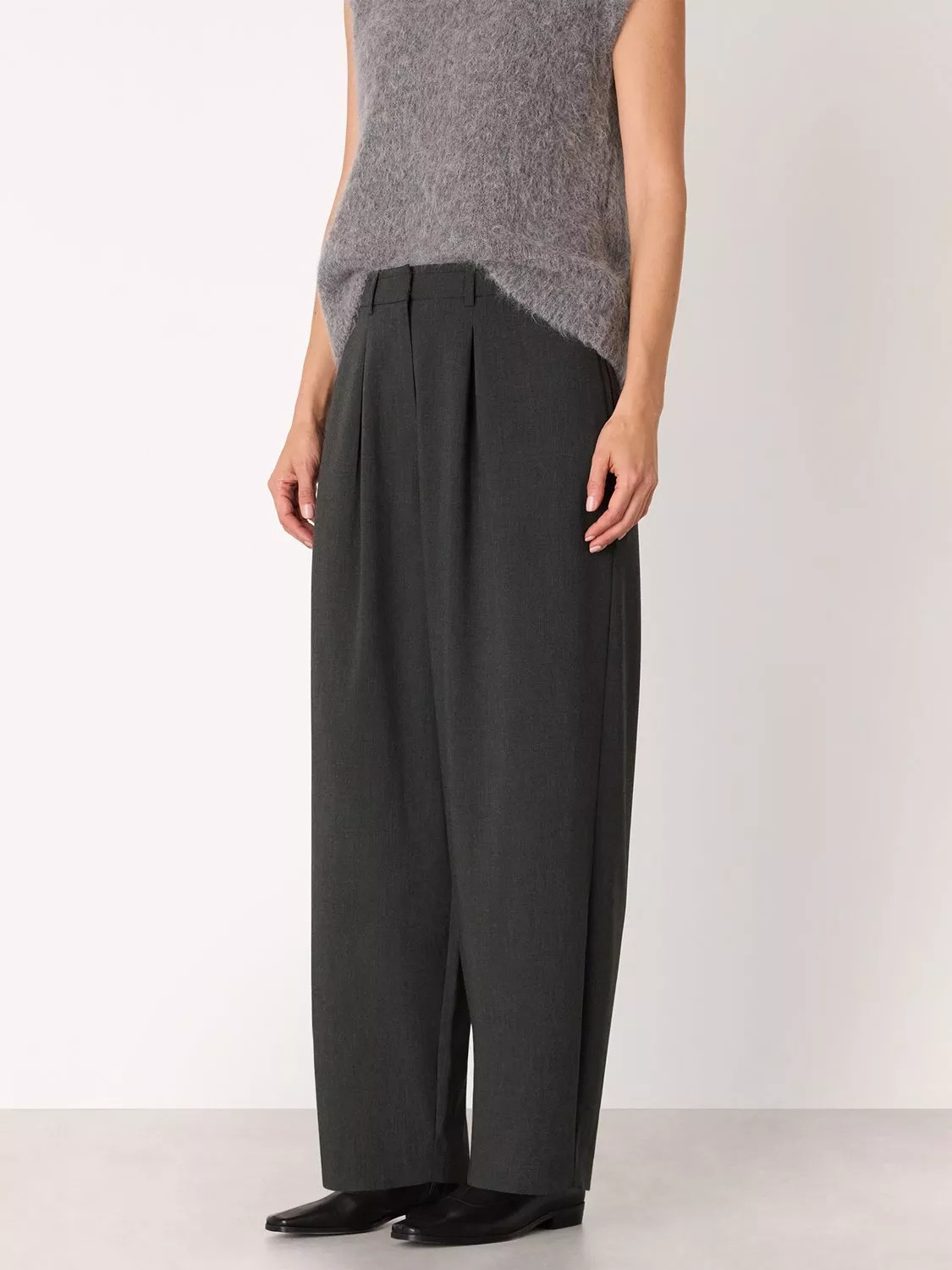 Whistles Barrel Leg Tailored Trousers, Dark Grey | John Lewis (UK)