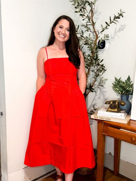 Red dress. Midi dress. Wedding guest dress. Date night summer dresss