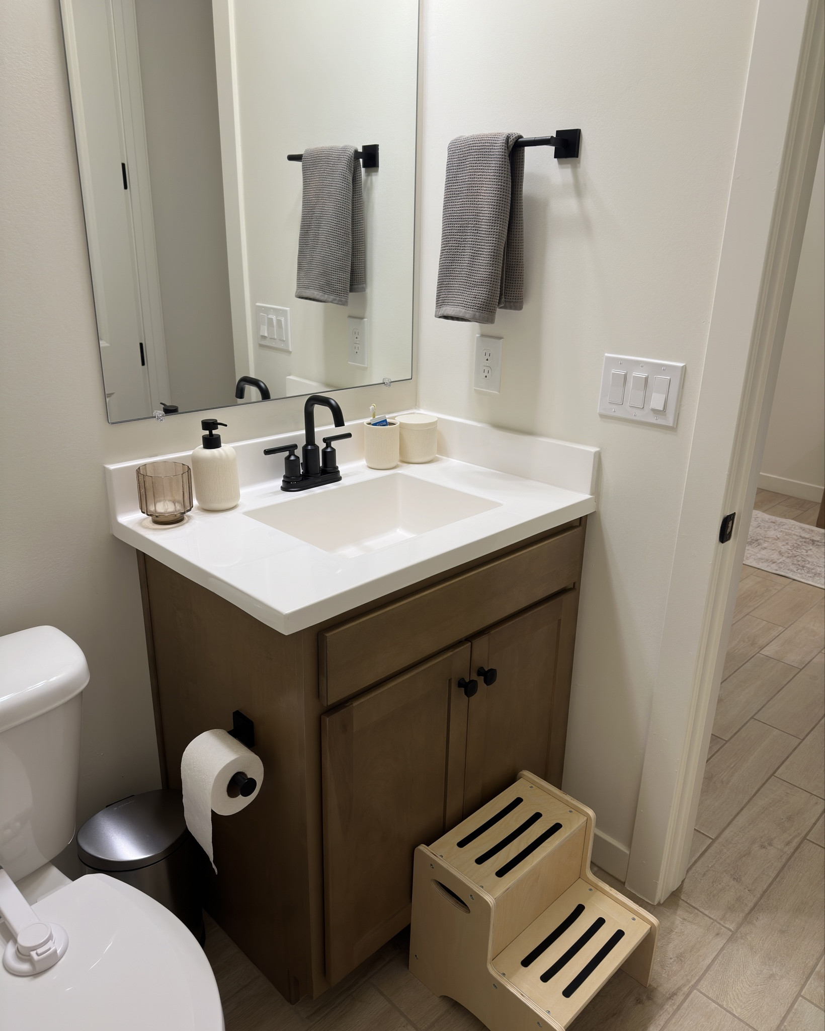 Amazon Toddler stool for brushing teeth & washing hands! Also found this cute $10 hand soap holder, toothbrush holder & canister at target! 🤍🫶🏽 