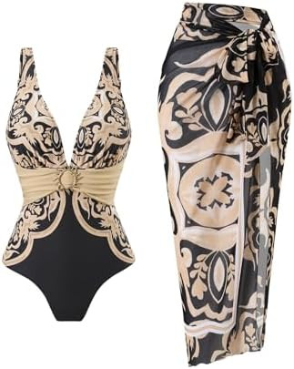 SherryDC One Piece Swimsuit with Cover up Wrap Skirt Sarong Floral Print Plunge V Neck Bathing Su... | Amazon (US)