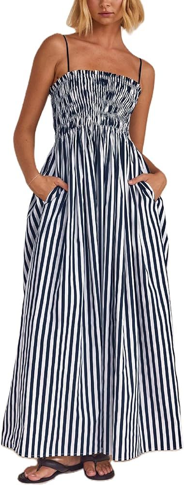 KMBANGI Women Striped Sleeveless Maxi Dress Swing Aline Midi Dress Backless Smocked Spaghetti Str... | Amazon (US)