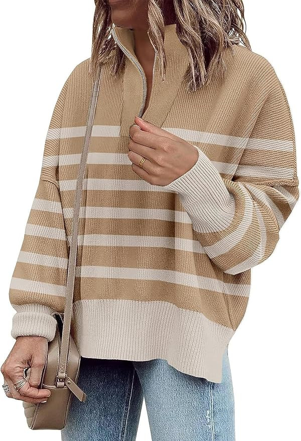 Womens Sweaters Casual Zipper Neck Knit Tops Batwing Sleeve Oversized Sweatshirt Stripes Pullover... | Amazon (US)