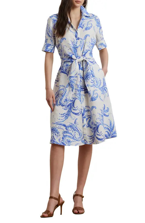 Lauren Ralph Lauren Paisley Print Linen Shirtdress in White/Blue at Nordstrom, Size 0 | Nordstrom