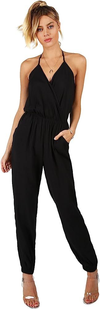 Women's Sexy Sleeveless Surplice Top Pocket Front Wide Tapered Romper Jumpsuit | Amazon (US)