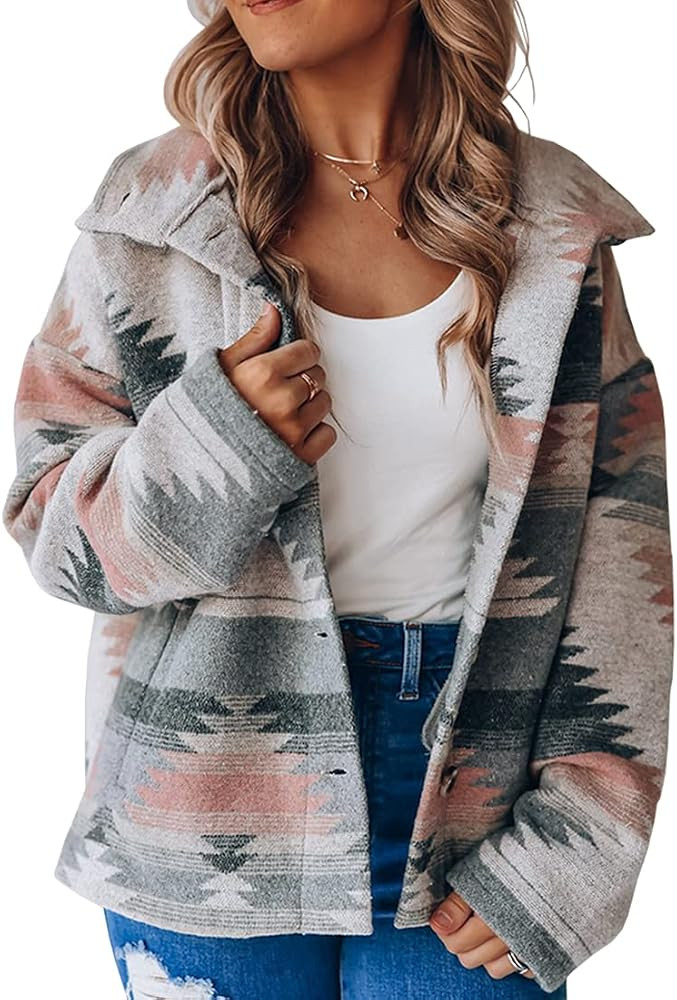 Womens Aztec Shacket Jacket Loose Vintage Boho Wool Blend Coat Button Down Shirt Tops | Amazon (US)