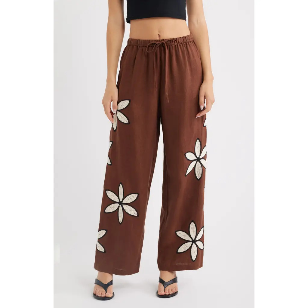 Rails Emmie Embroidered Floral Drawstring Linen Pants in Cocoa Floral Embroidery at Nordstrom, Size Medium | Nordstrom