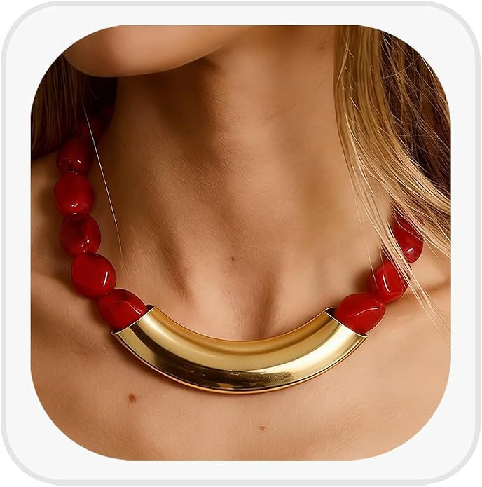 Chunky Acrylic Beaded Necklace Large Vintage Resin Bead Choker Gold Irregular Bamboo Tube Necklac... | Amazon (US)