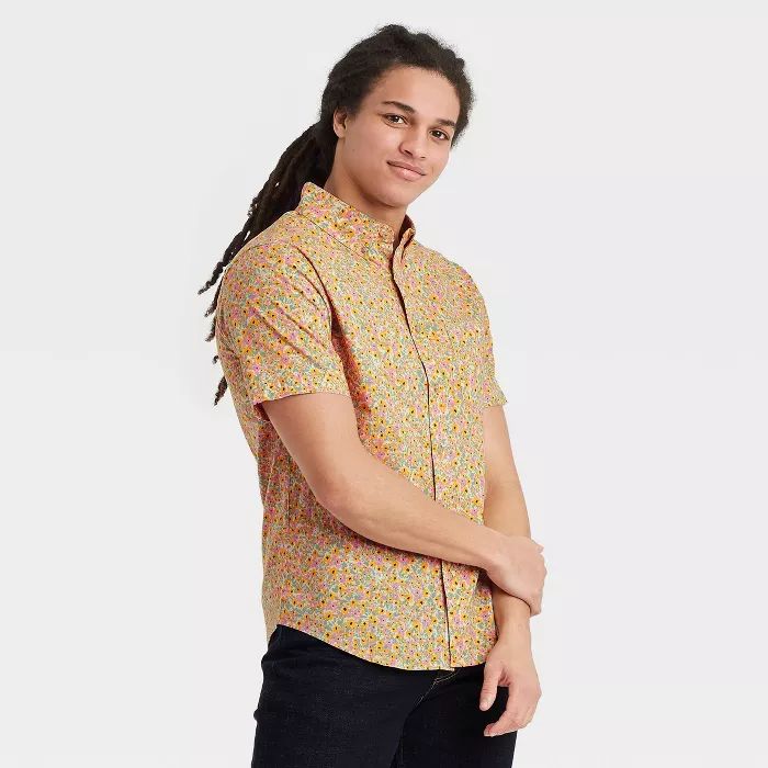 Men's Floral Print Standard Fit Short Sleeve Button-Down Shirt -  Goodfellow & Co™ Orange | Target
