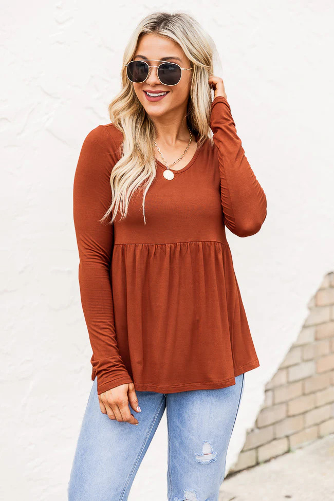 Familiar With You Rust Peplum Blouse | Pink Lily