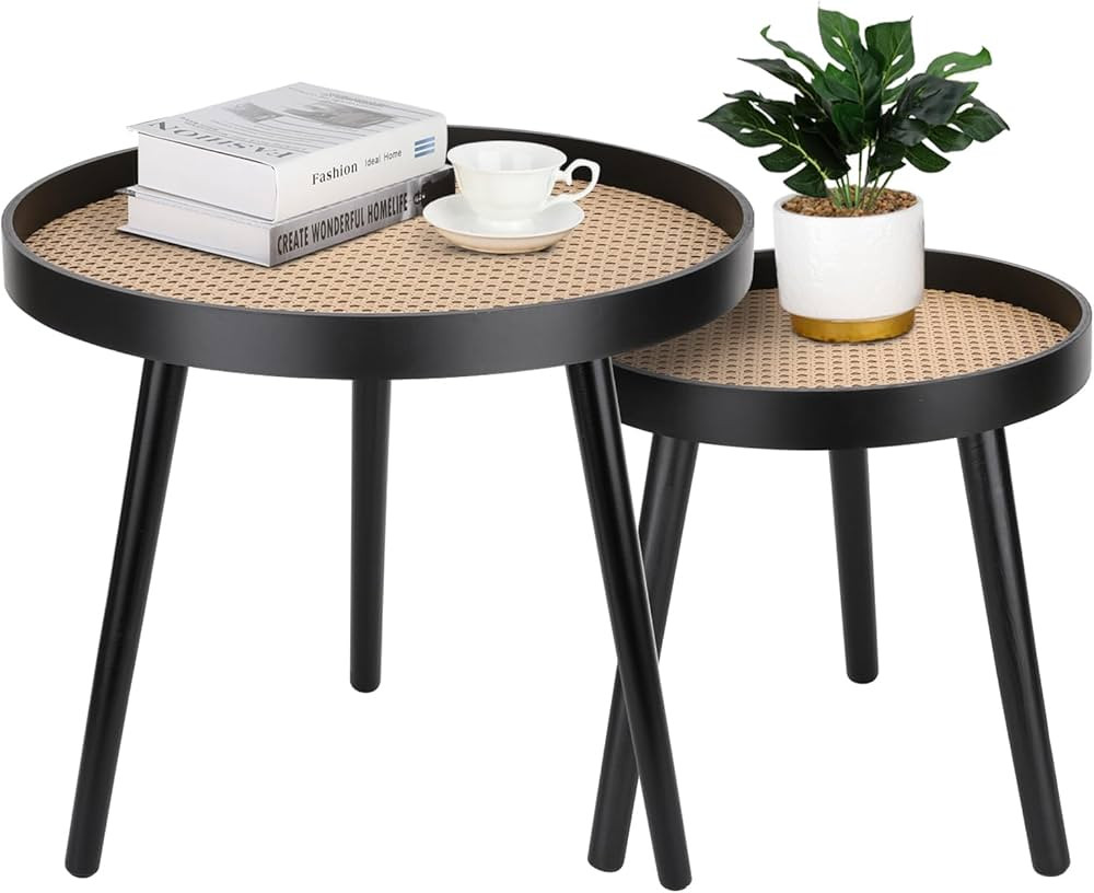 Rattan Round Side Table, Black Small End Table, Accent Table, Modern Boho Bedside Table, Mid-Cent... | Amazon (US)
