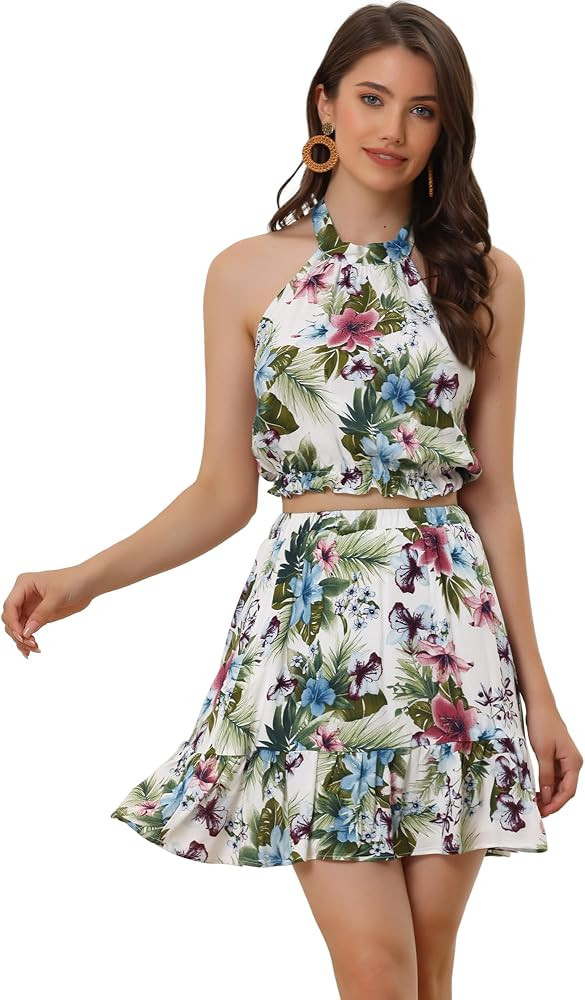 Allegra K Women's 2 Piece Outfits Floral Halter Neck Sleeveless Crop Top with Short Skirt Set | Amazon (US)