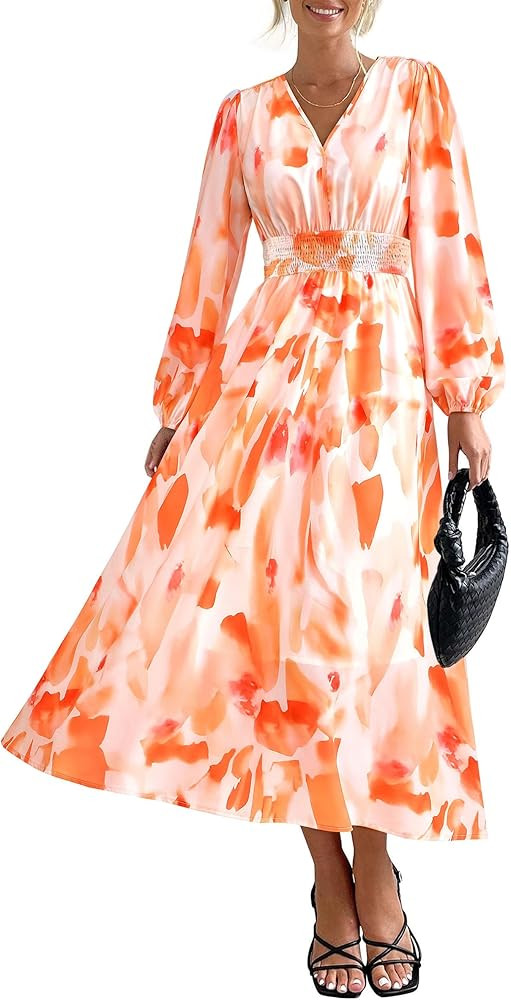 PRETTYGARDEN Women's Floral Midi Dress Casual Fall V Neck Long Sleeve Flowy Spring Beach Wedding ... | Amazon (US)