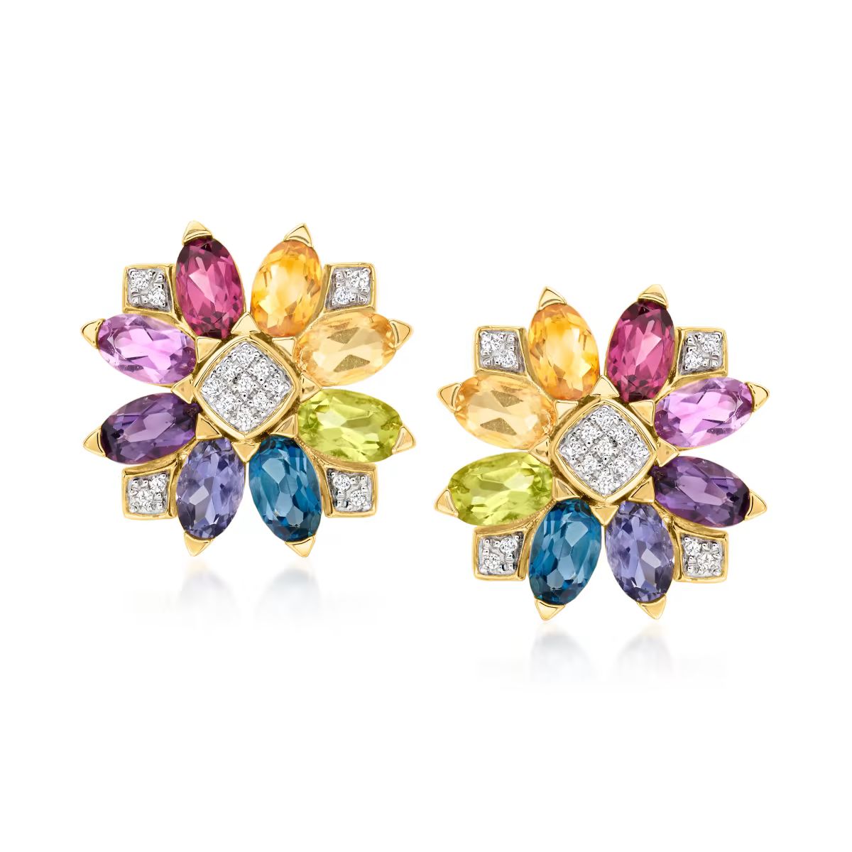 2.90 ct. t.w. Multi-Gemstone and .10 ct. t.w. Diamond Flower Earrings in 18kt Gold Over Sterling | Ross-Simons