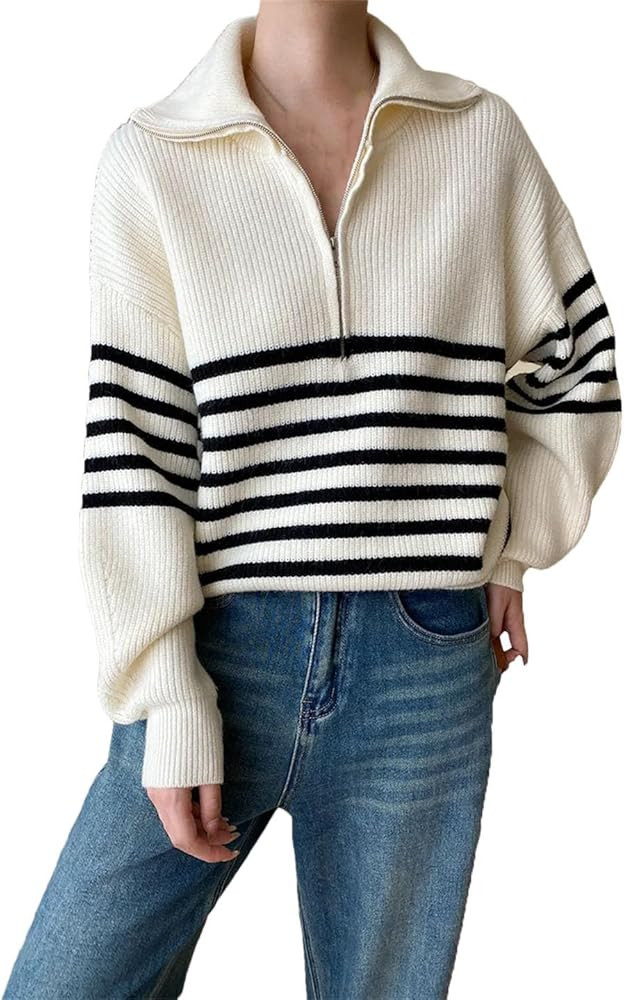 Women Casual Zipper Turn-Down Collar Pullover Stripe Sweater Loose Knitted Long Sleeve Sweaters | Amazon (US)