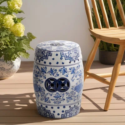 Miosoti Garden Stool Stoneware Ceramic Eastern Floral Design 18" Blue and White Indoor Outdoor Accent Table Patio Seat Decor | Wayfair North America