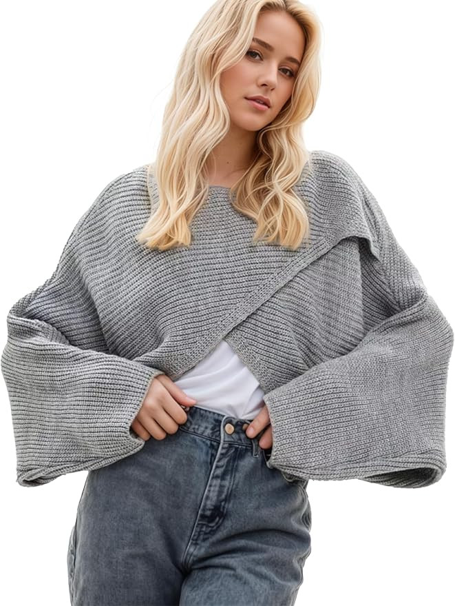 Womens Asymmetrical Wrap Fall Lightweight Sweater Tops Old Money Puff Sleeve Cropped Sweaters Coa... | Amazon (US)