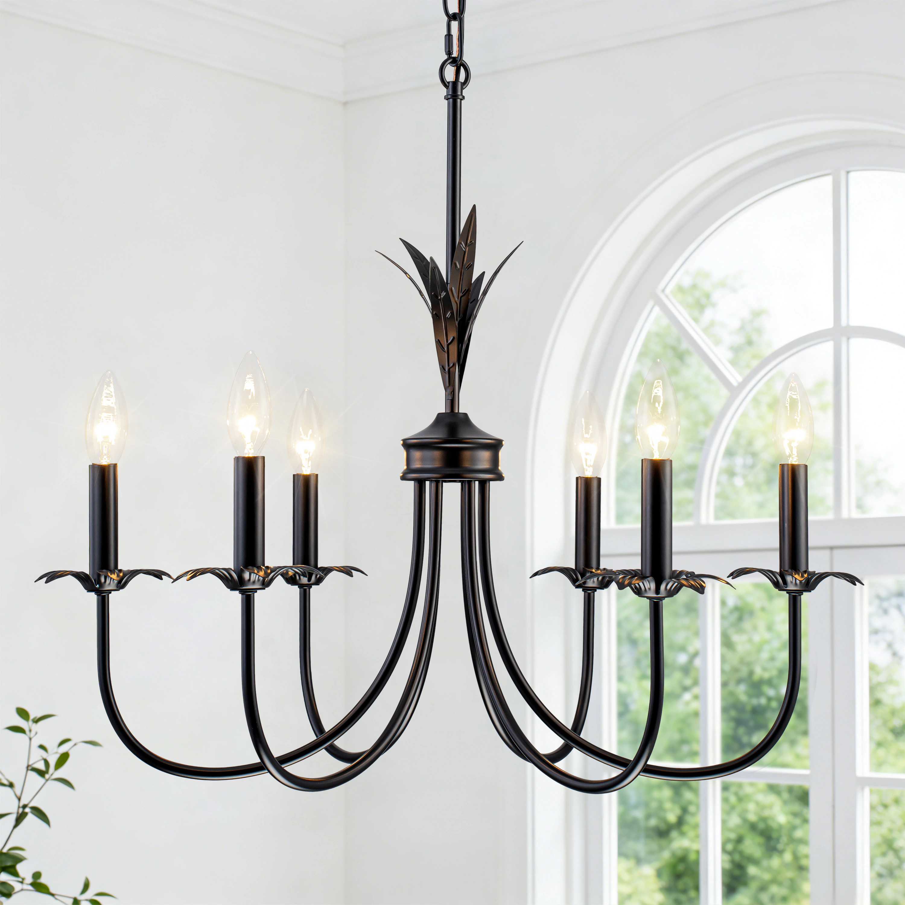 GoYeel 6 Lights Matte Black Farmhouse Candle Chandelier with Leaf Accents one_size | ZP264BL06 | Lowe's