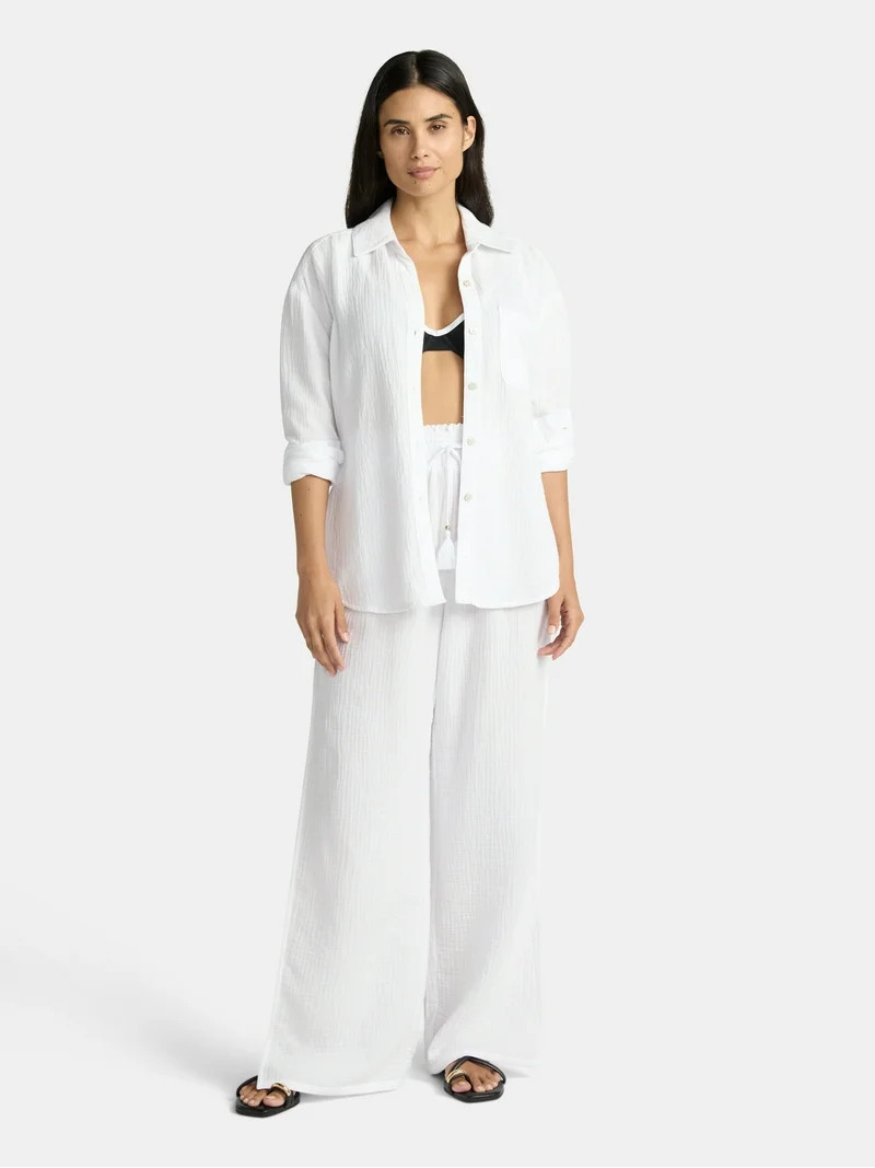 Time and Tru Women's and Women's Plus Cotton Button Up Coverup Shirt, Sizes XS-3X | Walmart (US)