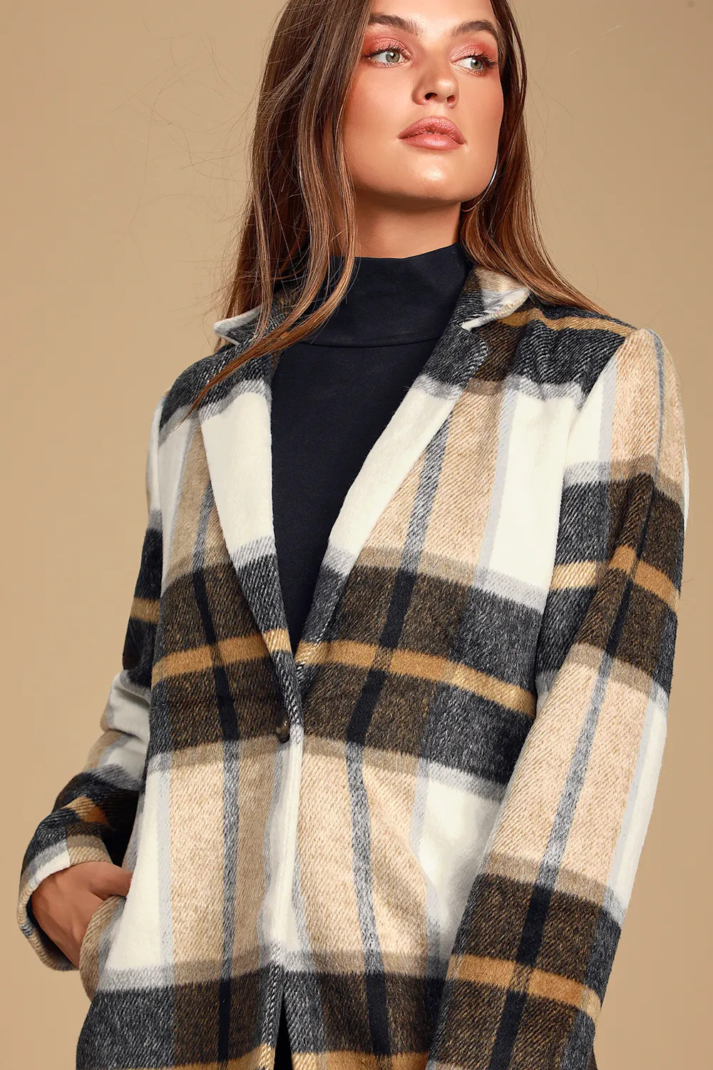 Cher Ivory Plaid Brushed Wool Coat | Lulus (US)