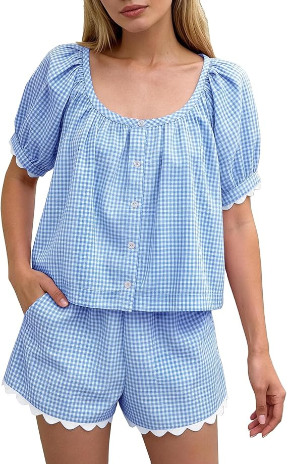 Womens Gingham Two Piece Sets Summer Short Set Outfit Cotton Puff Sleeve Crop Top Plaid Bottom Ma... | Amazon (US)