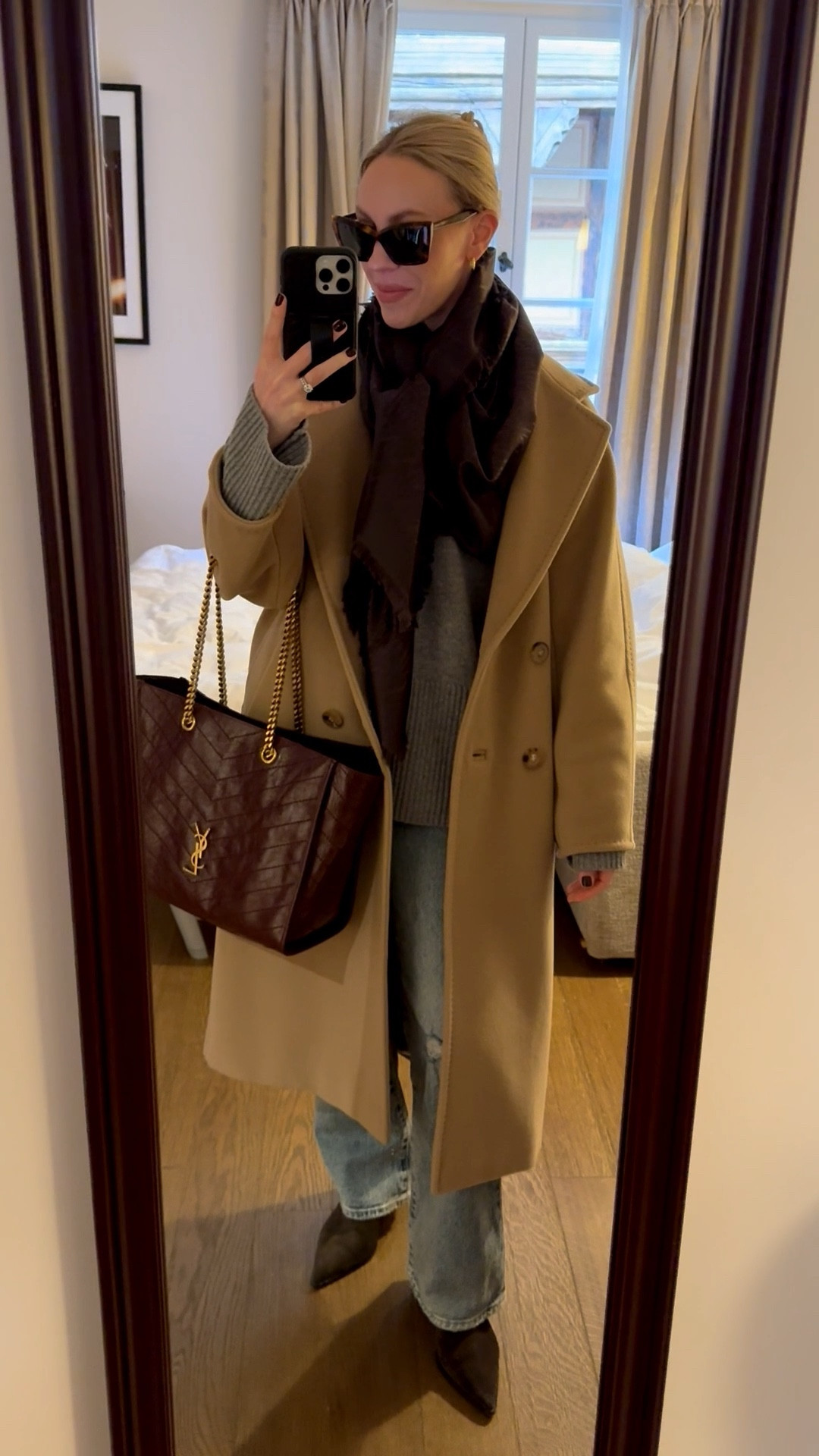 Look of the day, European vacation, camel coat, Saint Laurent brown scarf, @Levi's bootcut jeans, burgundy YSL tote, travel outfit 

#LTKTravel #LTKootd #LTKdayinmylife
