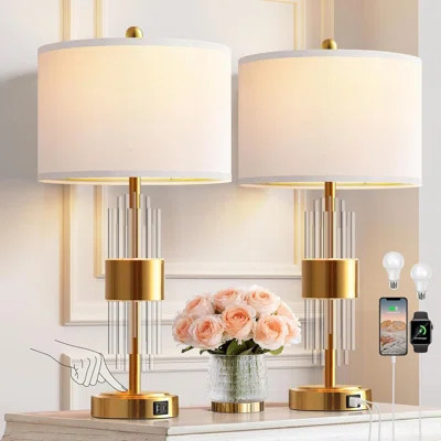 Gold Living Room Nightstand Lamp with USB Port, Set of 2 with Touch Control (2700K LED Bulb Included) | Wayfair North America