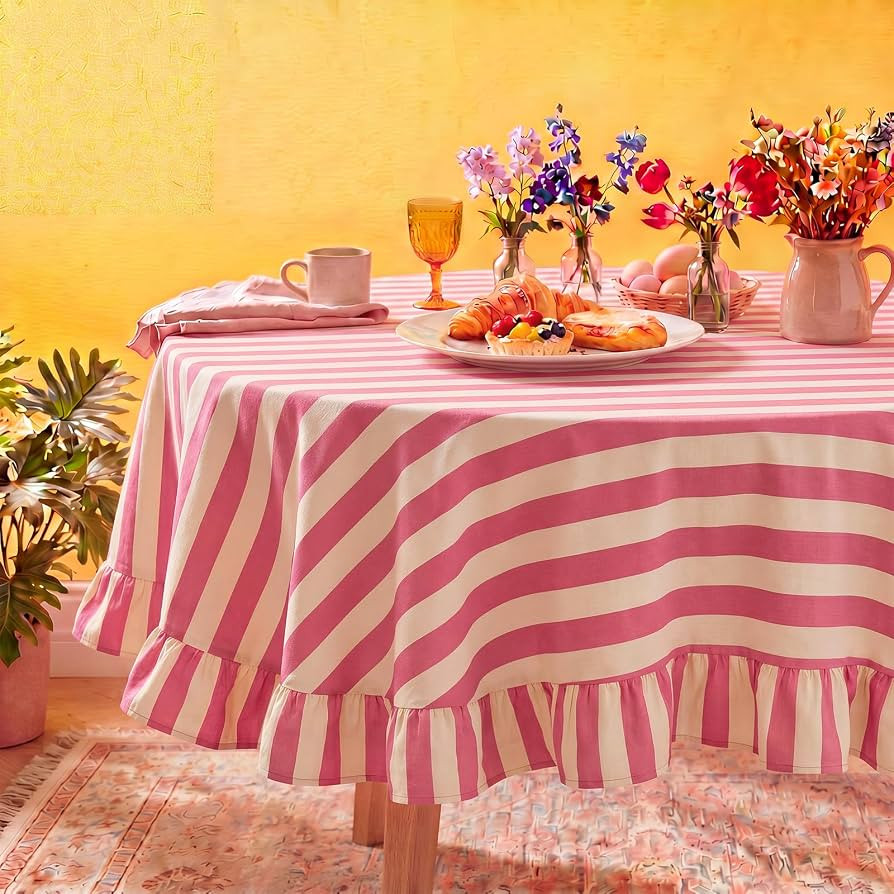 Tudomro 1 Pcs Ruffle Edge Striped Tablecloth, 60'' Scalloped Table Cover, Farmhouse Linen Fabric ... | Amazon (US)