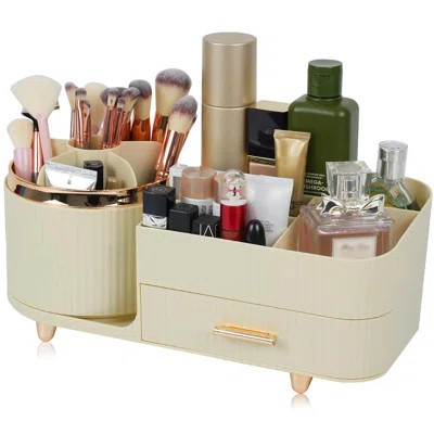 Makeup Organizer Countertop With Drawer 360 Rotating Brush Holder Storage Large Capacity Skincare Cosmetic Display Cases | Wayfair North America
