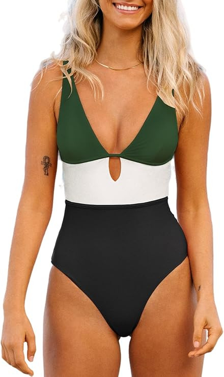 CUPSHE Women's One Piece Swimsuit Color Block Keyhole Cutout Bathing Suit | Amazon (US)