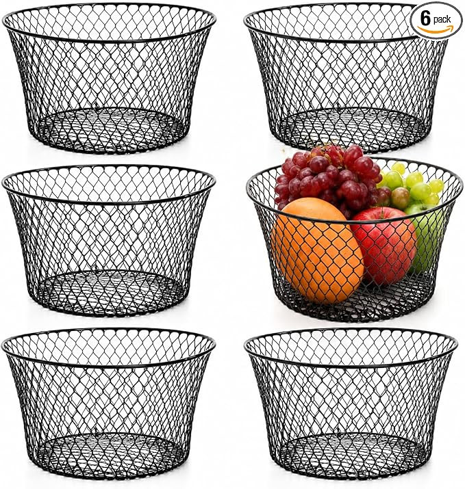 6 Pack Metal Wire Baskets for Kitchen Storage, Modern Black Countertop Fruit Bowl, Round Produce ... | Amazon (US)