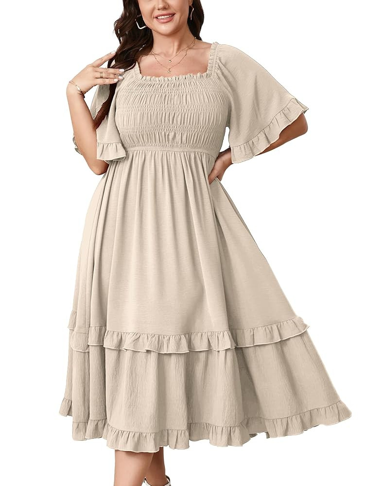 SCOMCHIC Women's Plus Size Maxi Dresses Summer Short Sleeve Square Neck Smocked Wedding Guest Coc... | Amazon (US)