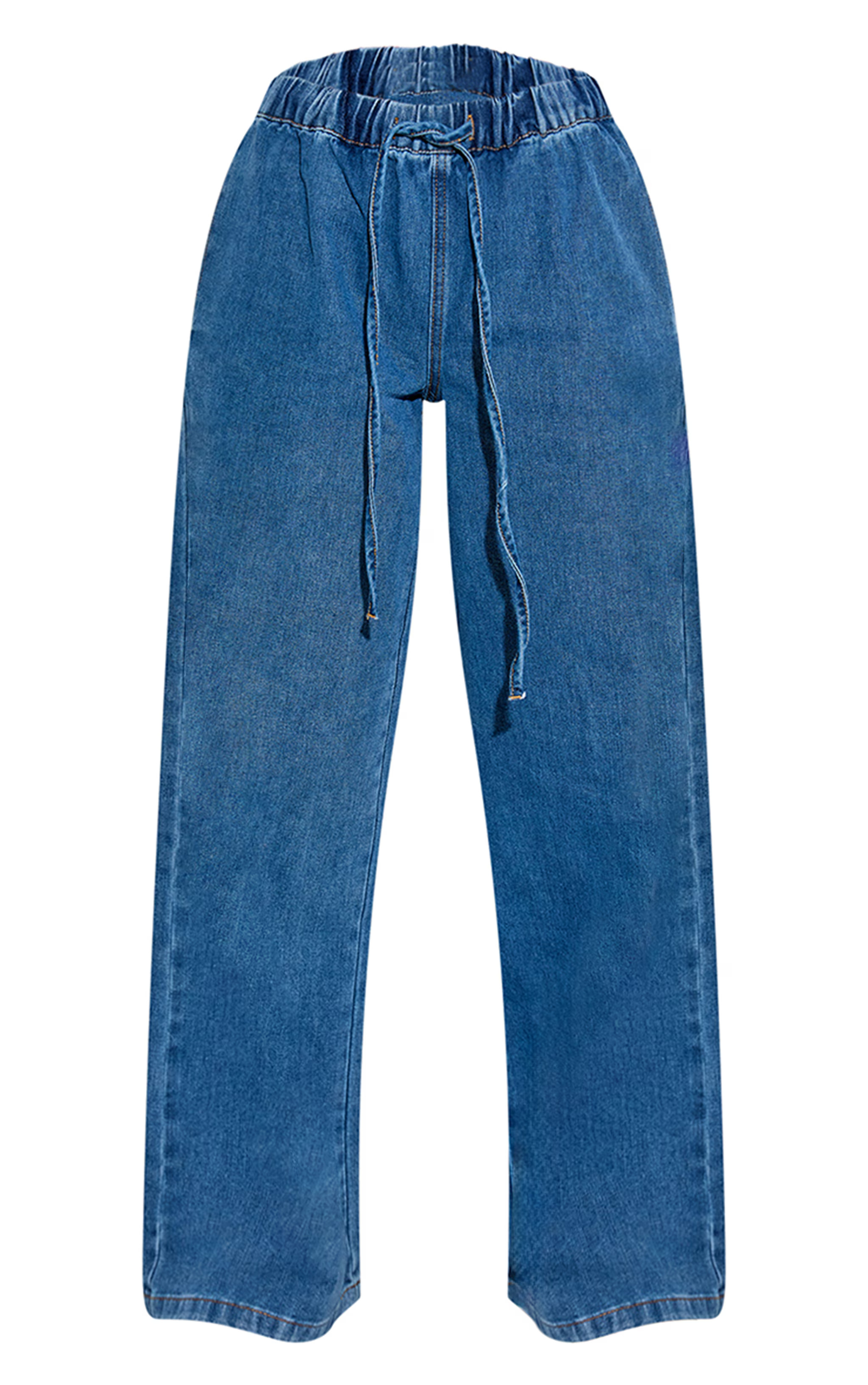 Mid Blue Relaxed Tie Waistband Wide Leg Jeans | PrettyLittleThing US