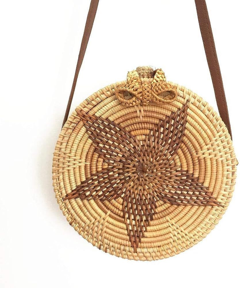 handbags for women shoulder bags Bowknot rattan round bag black five-pointed star sun flower beach s | Amazon (US)
