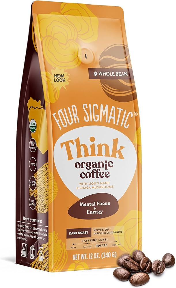 Dark Roast Organic Whole Bean Coffee by Four Sigmatic | Fair Trade Coffee Beans Coated with Lion'... | Amazon (US)