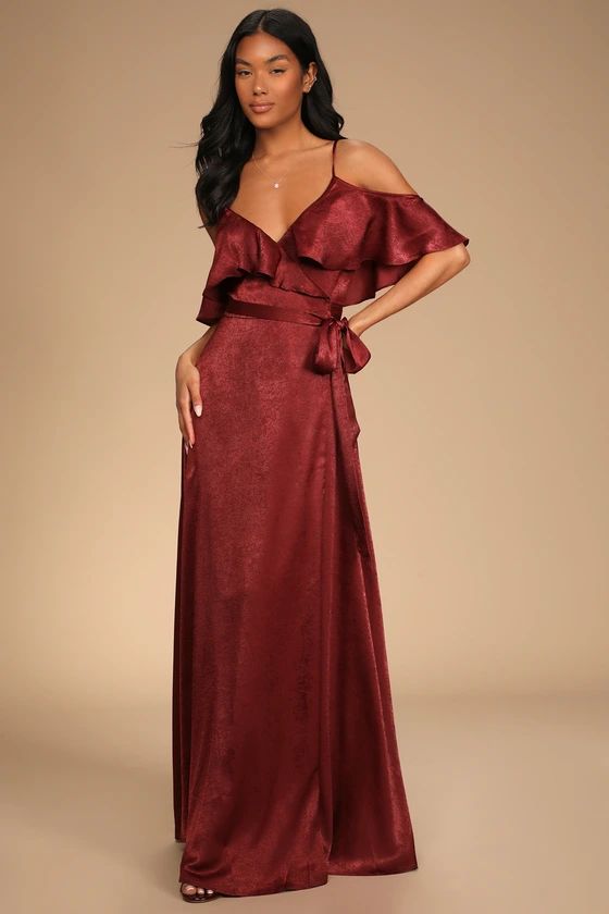 Moriah Burgundy Satin Wrap Maxi Dress | Lulus (US)