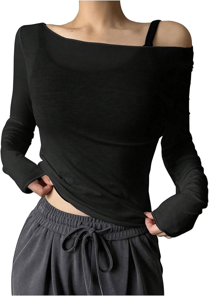 QJQ Women's Sheer Mesh Off The Shoulder Tops Long Sleeve See Through Shirts Going Out Party Club ... | Amazon (US)