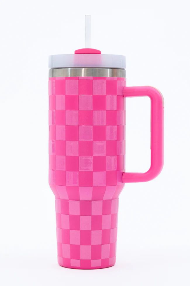 Sippin' Pretty Pink Tonal Checkered 40 oz Drink Tumbler With Lid And Straw DOORBUSTER | Pink Lily