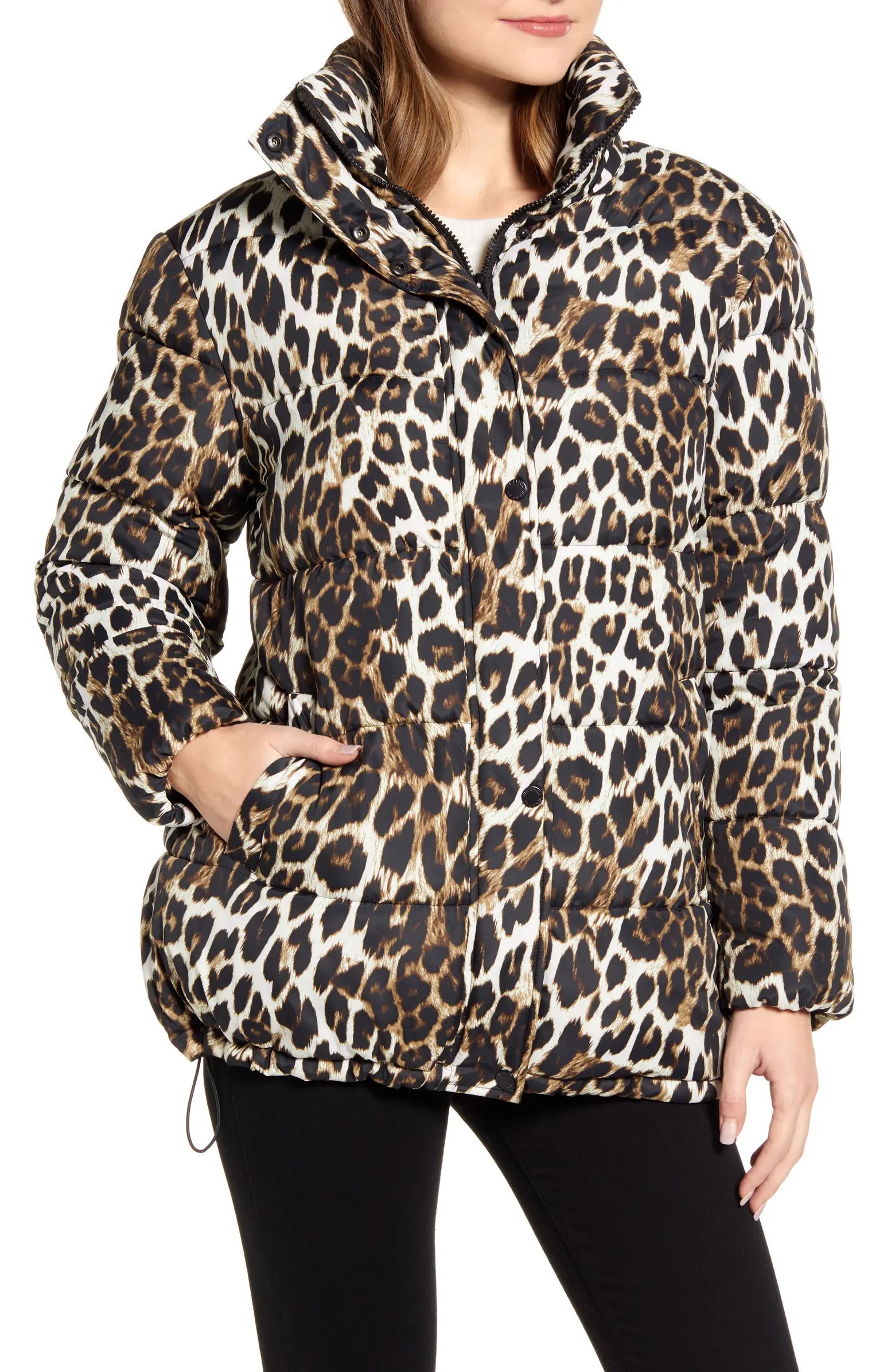 Stand Collar Water Resistant Leopard Print Puffer Coat | Nordstrom