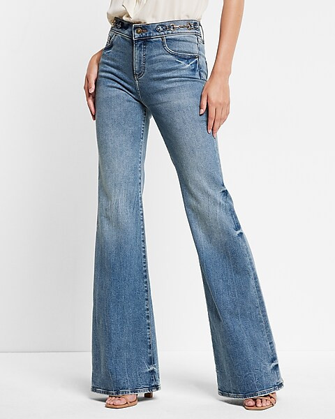 Mid Rise Medium Wash Horse Bit 70s Flare Jeans | Express