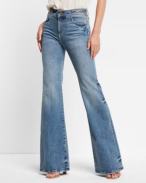Mid Rise Medium Wash Horsebit 70s Flare Jeans | Express