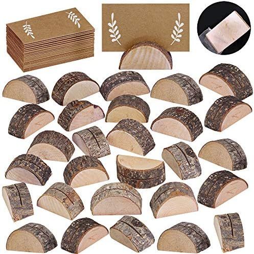 30 Pcs Rustic Wood Wedding Place Card Holders with 32 Pcs Kraft Tented Cards Half-Round Table Number | Amazon (US)