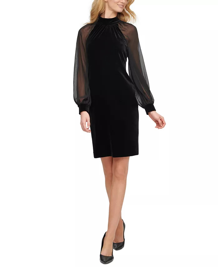 Velvet Illusion-Sleeve Dress | Macys (US)
