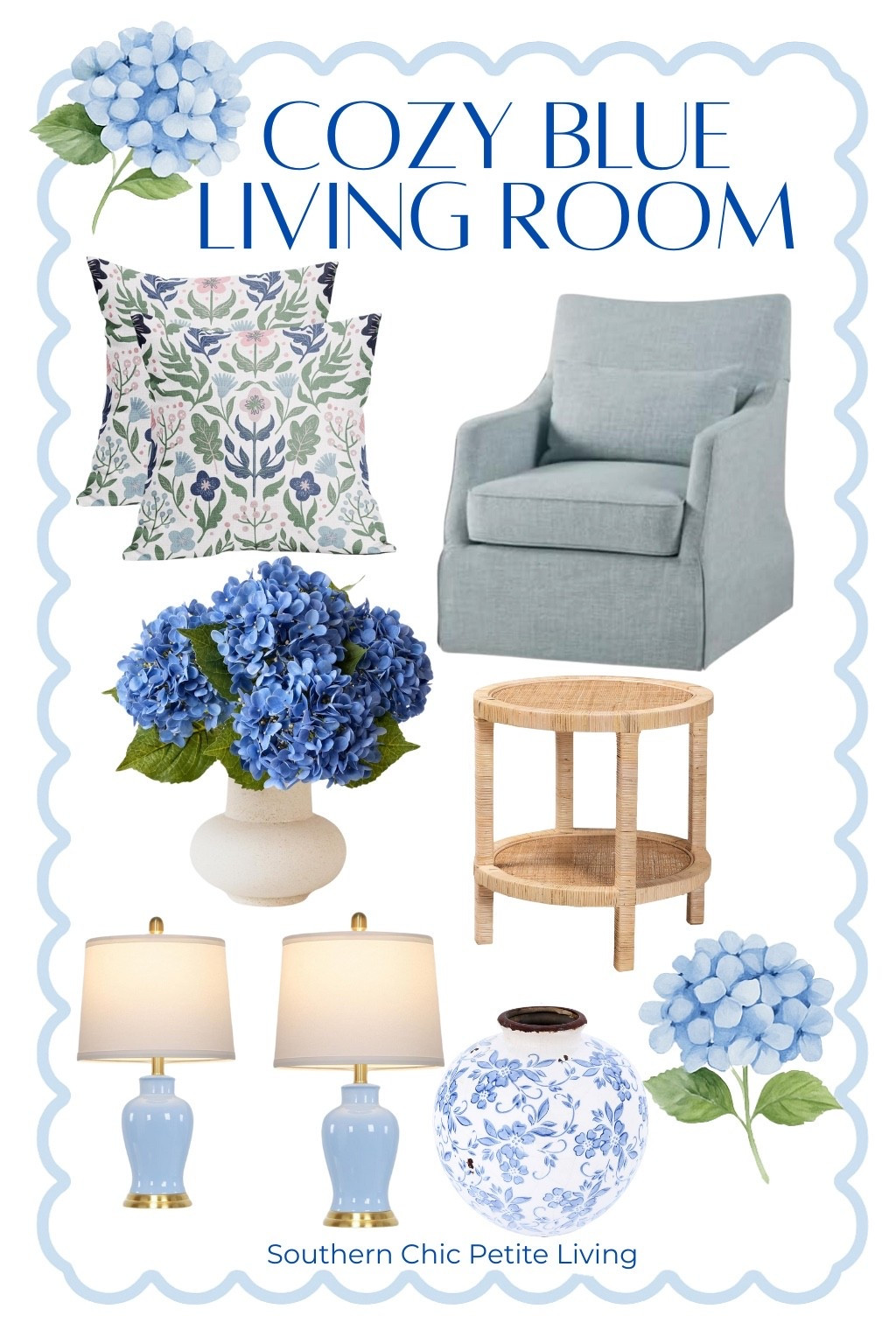 Blue Hydrangea Floral Arrangement | Floral Throw Pillows | Light Blue Swivel Chair | Round Rattan Side Table | Blue Ceramic Table Lamps | Chinoiserie Floral Ginger Jar | Blue Knitted Throw Blanket 

#GrandmillennialStyle #GrandmillennialDecor #PreppyHomeStyle #ChinoiserieChic#BlueAndWhiteForever #HydrangeaDecor #ClassicHomeStyle #TimelessHomeDecor#AffordableHomeDecor #PreppyCottageStyle


#LTKHome #LTKSeasonal #LTKFindsUnder50