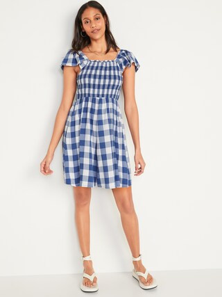 Flutter-Sleeve Fit & Flare Gingham Mini Dress for Women | Old Navy (US)