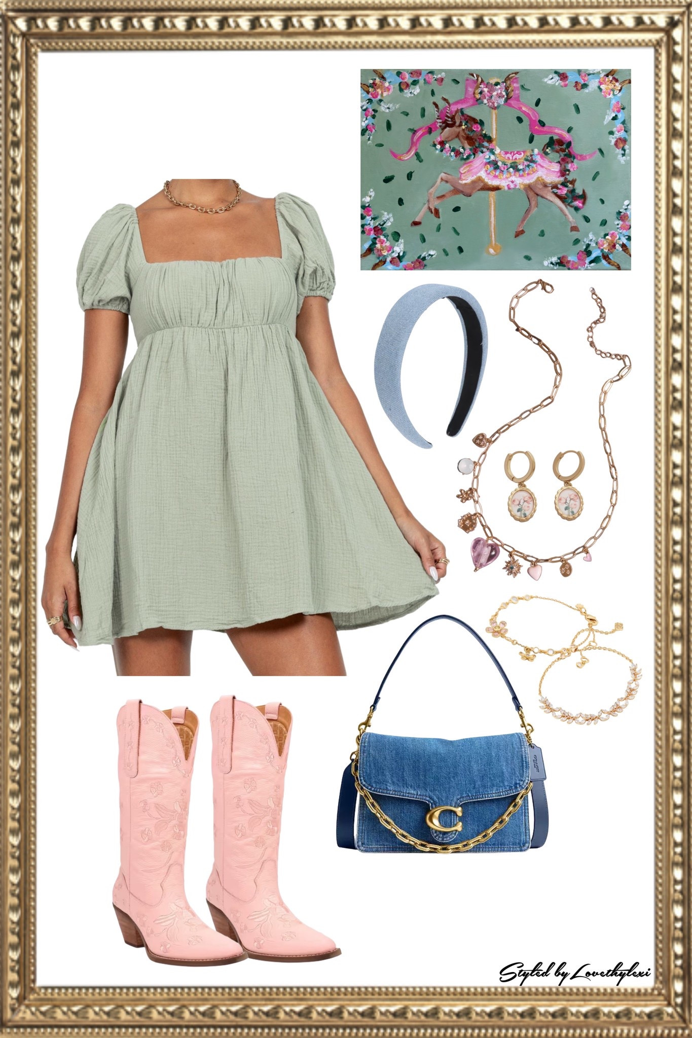 Cutesy everyday fit inspired by my painting, “ Taurus, Carousel Series, by Lovethylexi” A sage green baby doll puff sleeve dress paired with pink western style boots. Adorn with gold and pink accessories perfect for spring. 

#LTKParties #LTKSeasonal #LTKFestival